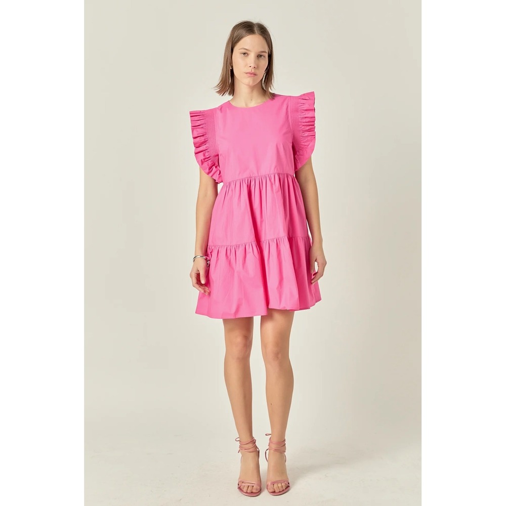 NWT ENGLISH FACTORY Pink Ruffle Smocked Square Neck Tiered Mini Dress XS
